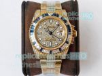 ROF Swiss Replica Rolex GMT Master II Yellow Gold Watch Diamond Dial Blue Sapphire Bezel 40MM